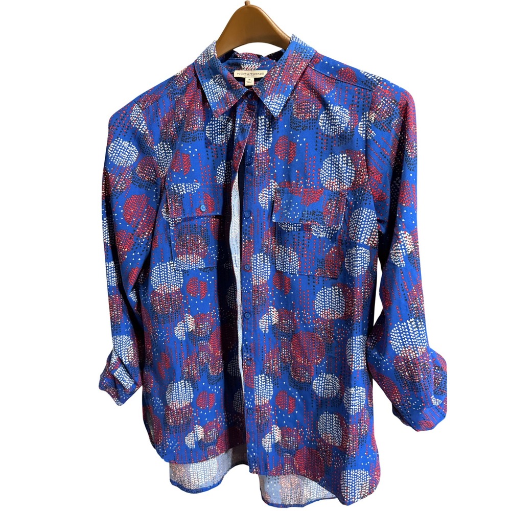 Notations Blue Red White Abstract Print Button Down Shirt Women's Size Medium